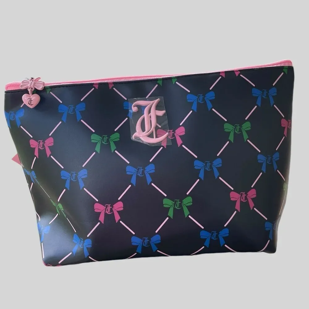 Juicy Couture Bow Print Cosmetic Bag Makeup Travel Case NWT Pink Logo Pouch